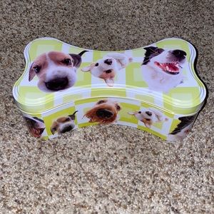 Dog bone shaped storage box with dog pics all over